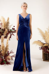 Sheath Sweep-Brush Train Velvet Bridesmaid Dress CB0518 - COCOMELODY