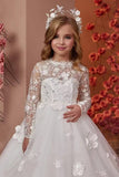 Ball Gown Illusion Round Neck Full Sheer Lace Long Sleeves Tulle Sweep-Brush Train Flower Girl Dresses 771181198778