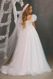 A-Line Square Neck Puff Sleeves Tulle Flower Girl Dresses 748560176475 - COCOMELODY