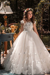 Ball Gown Illusion Neck Cap Sleeve Tulle Court Train Flower Girl Dresses 616972096505