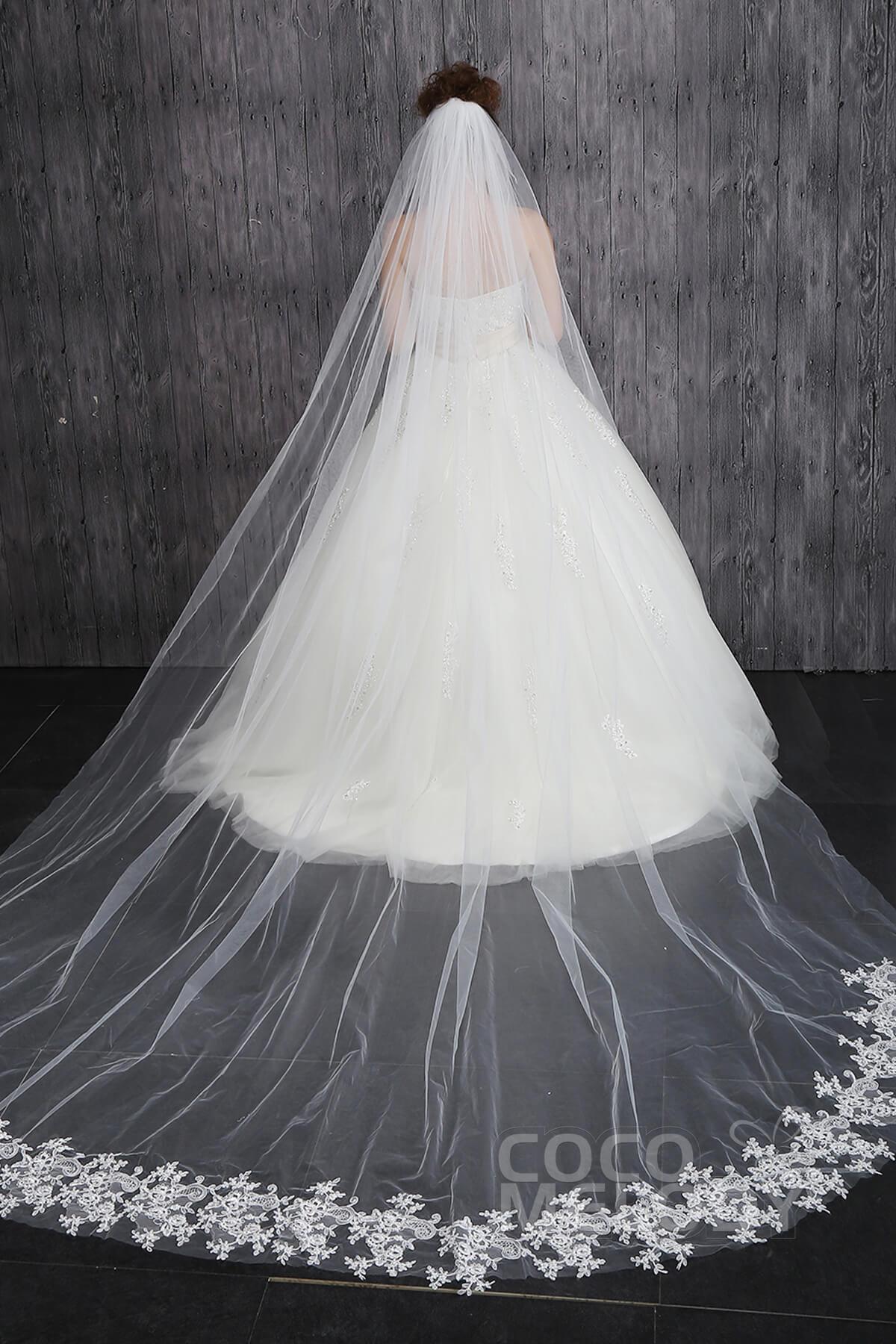 One-tier Lace Edge Tulle Appliques Cathedral Veils CV001500A - COCOMELODY