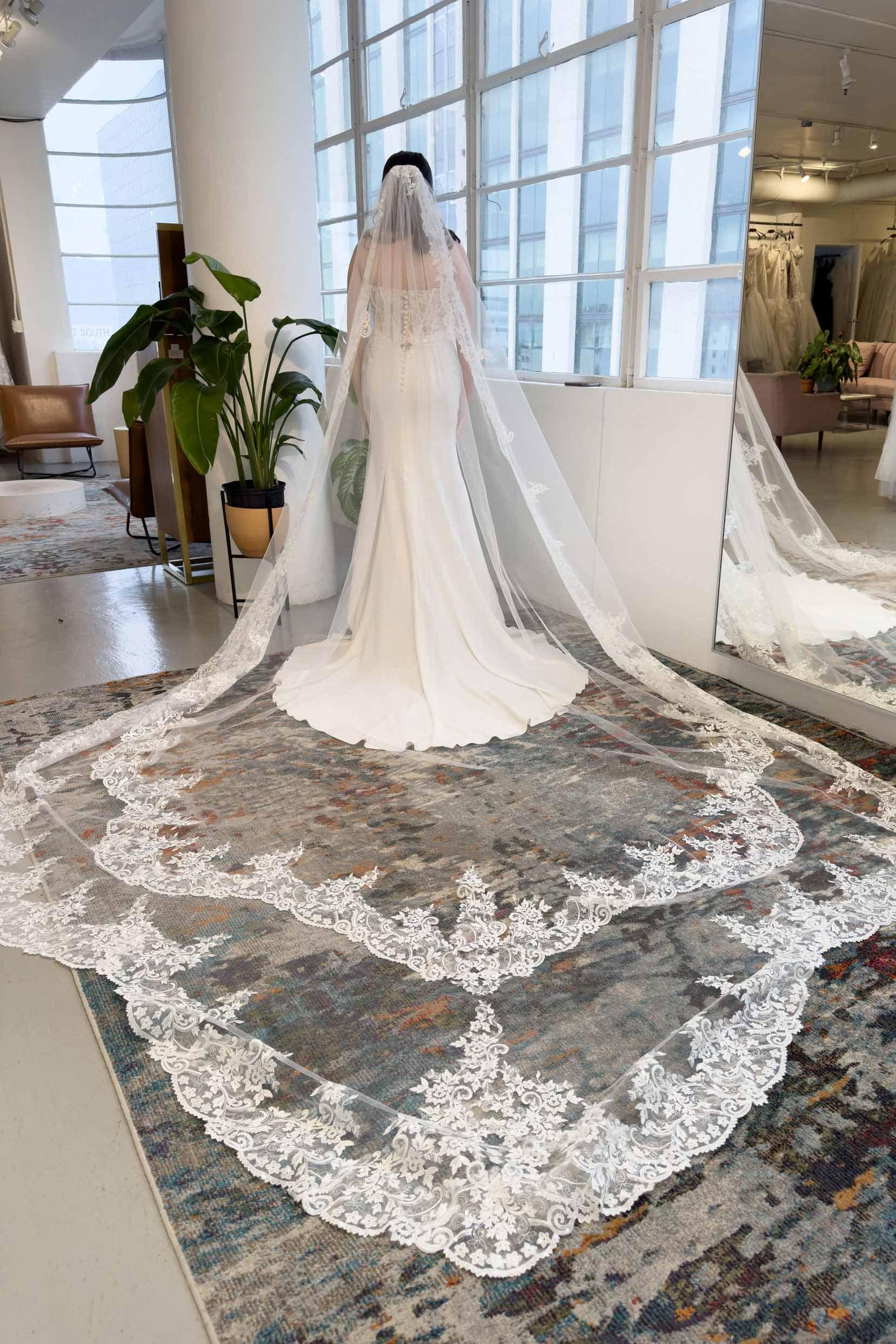 One-tier Lace Edge Tulle Cathedral Veils with Appliques CV0333 - COCOMELODY