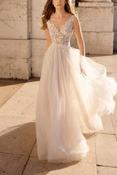 A-Line Sweep-Brush Train Lace Tulle Wedding Dress CW3108