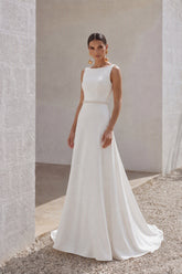A-Line Sweep-Brush Train Stretch Satin Wedding Dress CW3292