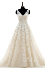 A-Line Court Train Tulle and Lace Wedding Dress CWAT16004 - COCOMELODY