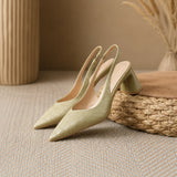 Croc Embossed Pointed Toe Slingback Pumps Block Heel Shoes 1039842418241