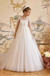 A-Line Illusion Neck Floral Applique Tulle Flower Girl Dresses 972513009627