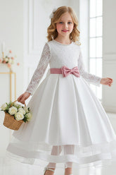 A-Line Pearl Neck Long Sleeve Satin Ankle Length Flower Girl Dresses 1049638009353