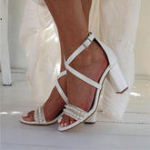 Open Toe Sandals with Pearl Detail Crossover Ankle Strap Elegant Shoes 709414855512