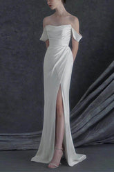 Sheath-Column Sweep-Brush Train Satin Wedding Dress 683314691959 - COCOMELODY