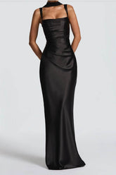 Elegant Sheath-Column Maxi Satin Wedding Guest Dress Pleated Square Neck Formal Evening Dresses COCOMELODY 971343877638