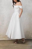 A-Line Tea Length Satin Little White Dress 100042 - COCOMELODY