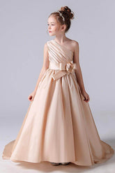 A-Line One Shoulder Neck Sleeveless Sweep-Brush Train Satin Flower Girl Dresses 676333790144 - COCOMELODY