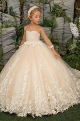 A-Line Illusion Neck Long Sleeve Tulle Sweep-Brush Train Flower Girl Dresses 672919694337 - COCOMELODY
