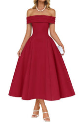 A-Line Midi Satin Formal Wedding Guest Dress Off the Shoulder Elegant Formal Evening Dress COCOMELODY B0DS8NJRR3