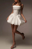 A-Line Mini Satin Little White Dress 968237845434 - COCOMELODY