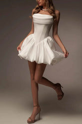 A-Line Mini Satin Little White Dress 968237845434 - COCOMELODY
