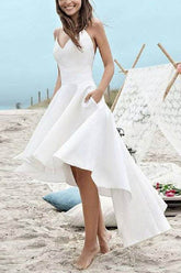 A-Line High-Low Satin Little White Dress 100059 - COCOMELODY