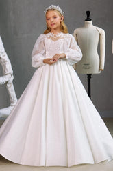 A-Line Illusion Puff Long Sleeve Sweep-Brush Train Flower Girl Dresses 745556463505