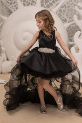 High-Low Satin Detachable Ruffle Tulle Flower Girl Dresses 815498849494