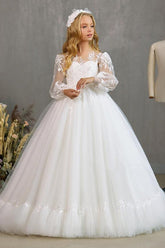 Ball Gown Illusion Sweetheart Neck Sheer Puff Long Lace Sleeves With Fitted Cuffs Tulle Floor Length Flower Girl Dresses 733237512683