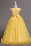 A-Line Round Neck Flutter Cap Sleeve Lace Applique Tulle Floor Length Flower Girl Dresses 1031527052172