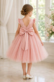Tulle Pearl Bow Back Knee Length Ruffle Cap Sleeve Flower Girl Dresses 652115065250