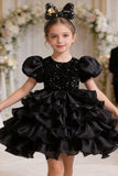 Princess Round Neck Puff Sleeve Sequin Ruffled Organza Knee Length Flower Girl Dresses 1029252510739