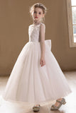 A-Line Sleeveless Sheer Back Bow Tulle Floor Length Flower Girl Dresses 915610270037