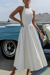 A-Line Tea Length Elastic Cloth Little White Dress 100006 - COCOMELODY