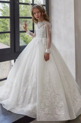 High Neck Lace Floral Embroidery Tulle Flower Girl Dress 764432687815