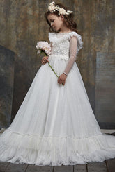 Dot Sheer Long Sleeve Sweep-Brush Train Tulle Flower Girl Dresses 631984909444