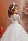 Ball Gown Illusion Round Neck Full Sheer Lace Long Sleeves Tulle Sweep-Brush Train Flower Girl Dresses 771181198778