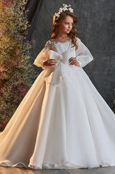 Illusion Organza Long Puff Sleeves Flower Girl Dresses 693938674311