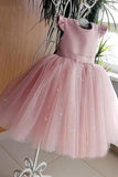 Tulle Pearl Bow Back Knee Length Ruffle Cap Sleeve Flower Girl Dresses 652115065250