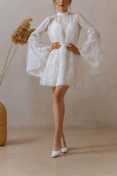 A-Line Short-Mini Chiffon Tulle Little White Dress 100021 - COCOMELODY