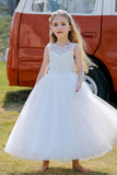 A-Line/Princess Illusion Neck Knee-Length Lace Tulle Flower Girl Dress 744728958346 - COCOMELODY
