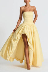 A Line Asymmetry High-Low Formal Evening Dresses Strapless Pleated Back Zipper Wedding Guest Dress COCOMELODY 908564007759