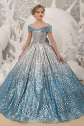 Ball Gown Off The Shoulder Ombre Sequin Floor Length Bow Flower Girl Dresses 617535045936