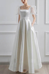 A-Line Floor Length Satin Wedding Dress 650928413690 - COCOMELODY