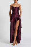 Sheath-Column Asymmetrical High-Low Stretch Satin Wedding Guest Dress with Slit Ruffled Spaghetti Straps Criss Cross Back Formal Evening Dress COCOMELODY 954200659160