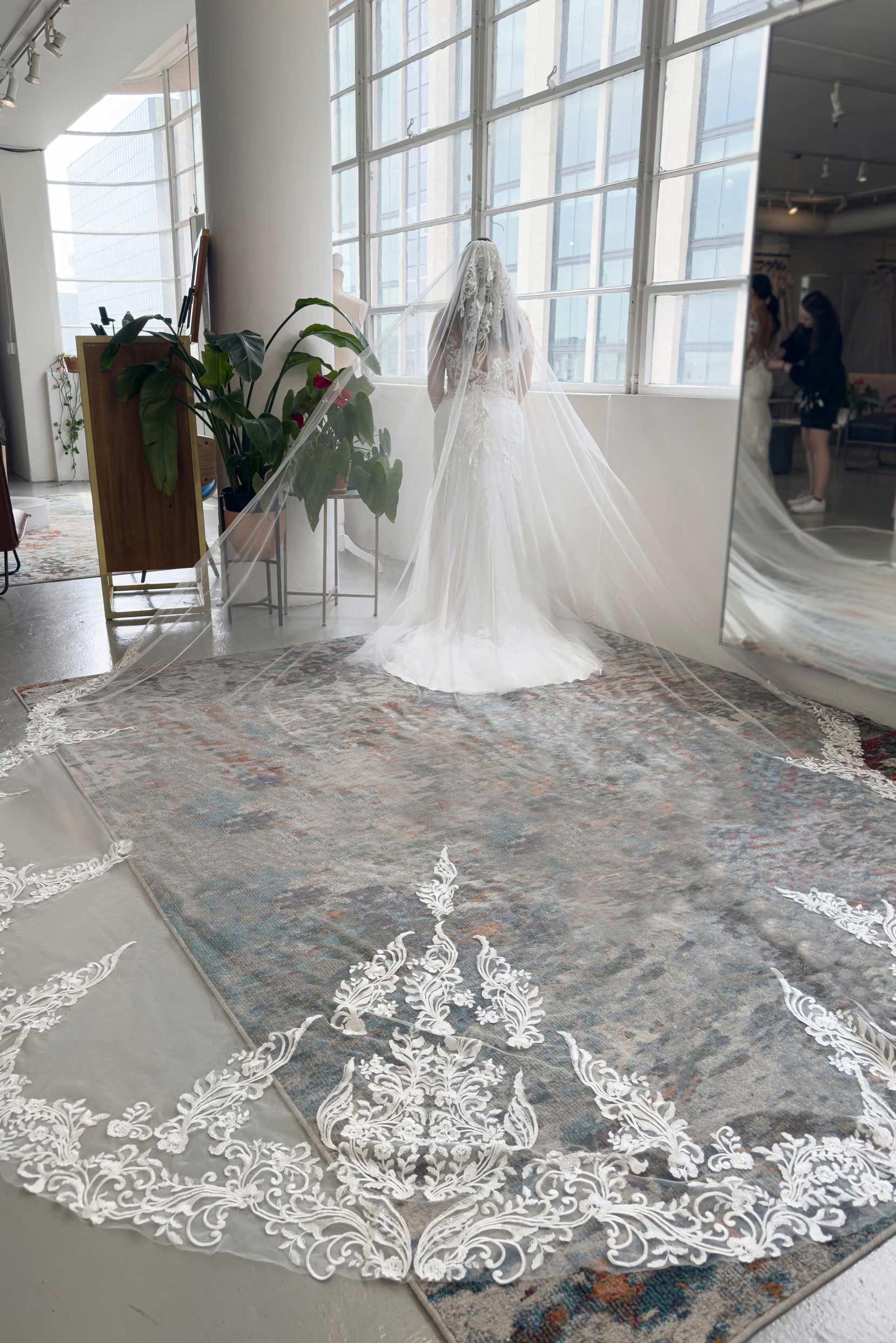 One-tier Lace Edge Lace Tulle Cathedral Veils with Appliques CV0331 - COCOMELODY