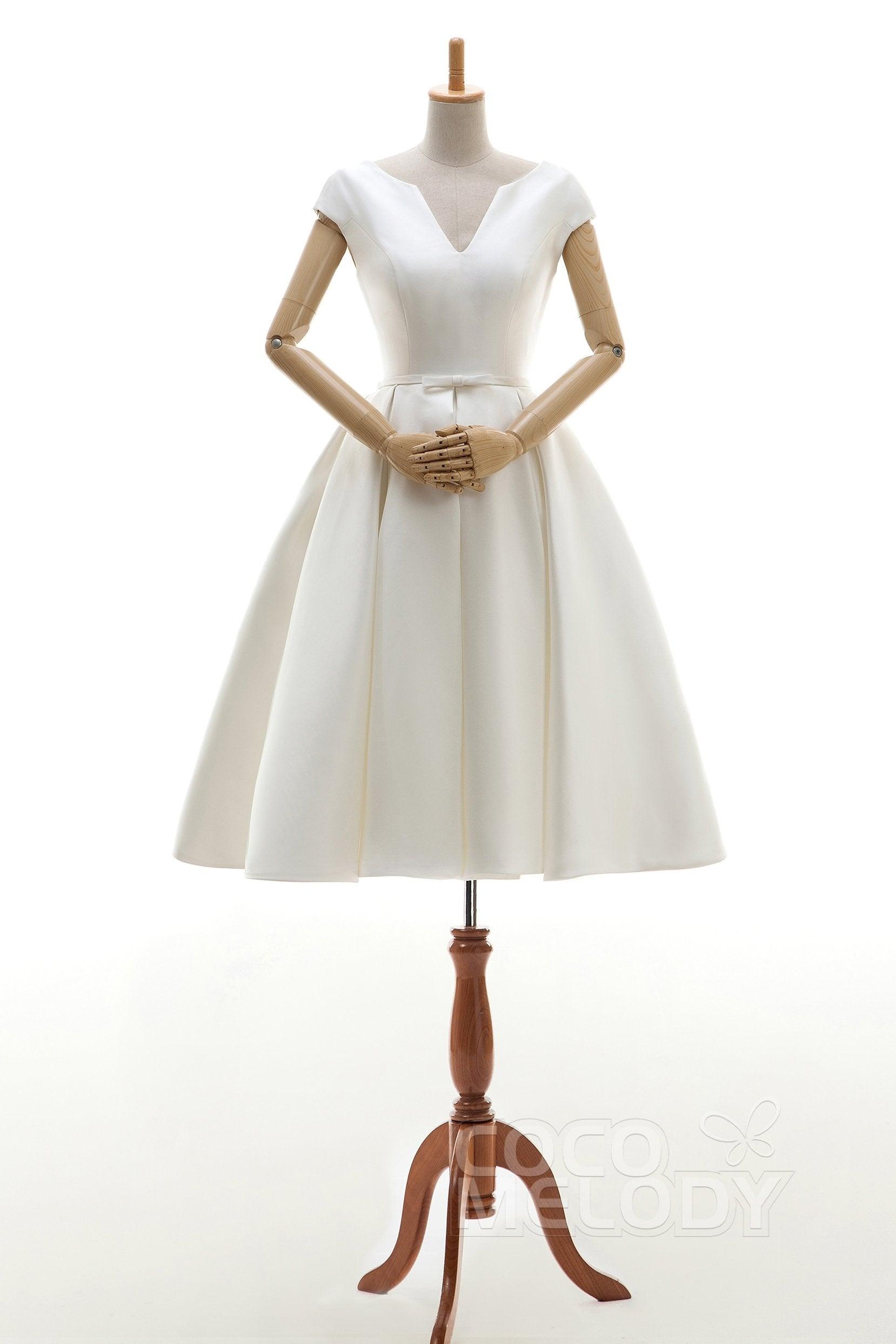 A-Line Knee Length Satin Wedding Dress JWLK16001 - COCOMELODY