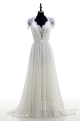 A-Line Sweep-Brush Train Chiffon Wedding Dress LD2676 - COCOMELODY