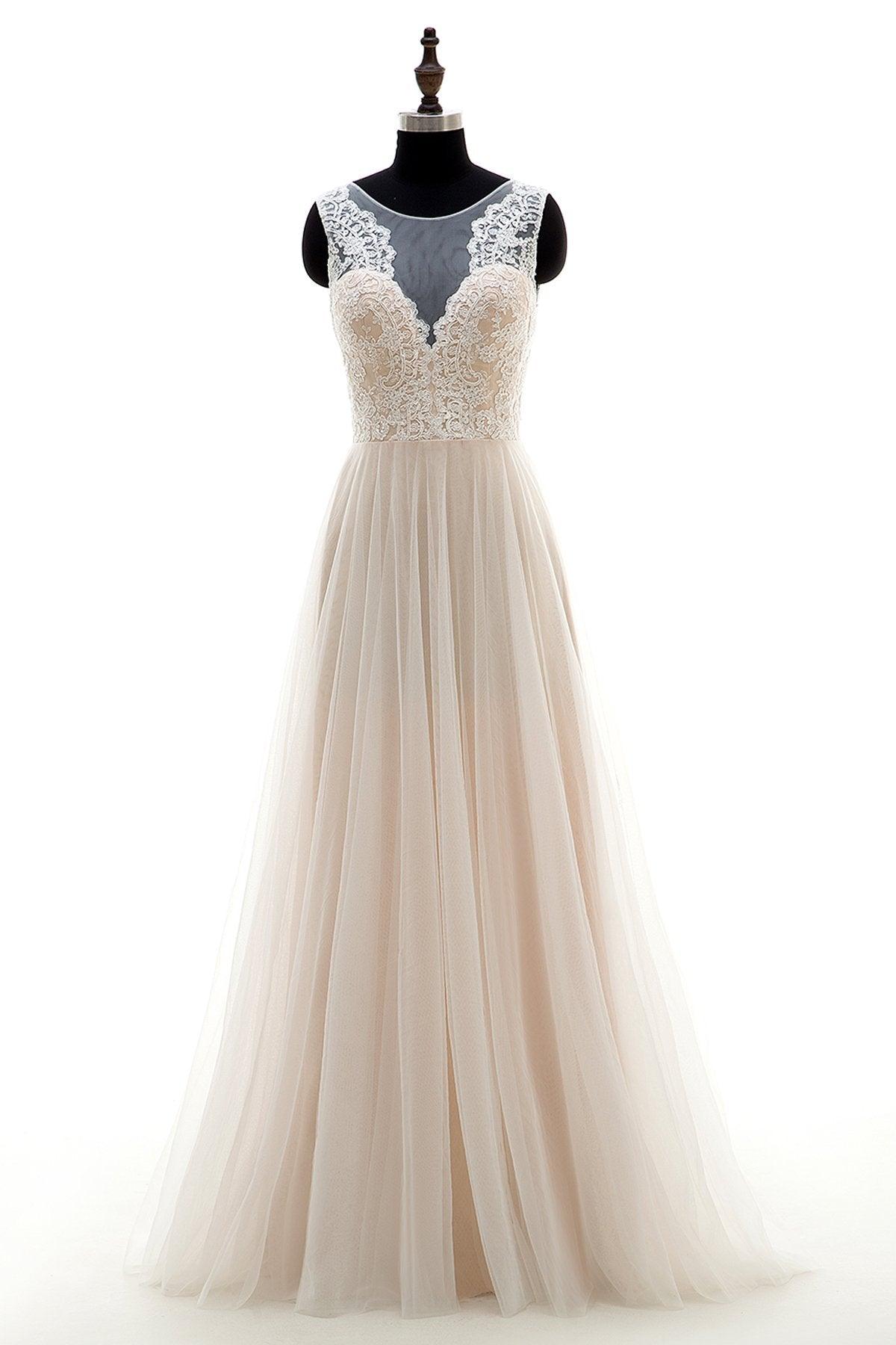 A-Line Sweep-Brush Train Tulle and Lace Wedding Dress LD3569 - COCOMELODY