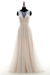 A-Line Sweep-Brush Train Tulle and Lace Wedding Dress LD3569 - COCOMELODY