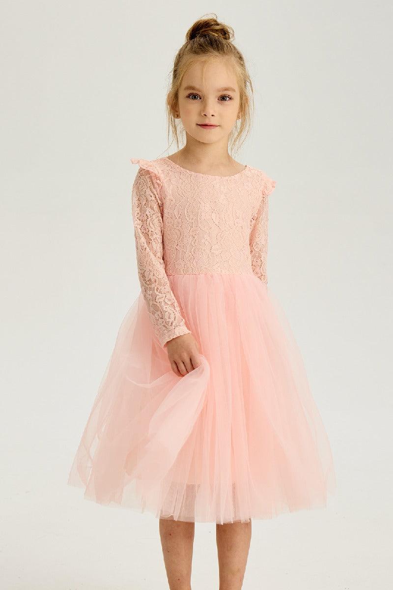 A-Line Scoop Neck Long Sleeve Lace Midi Flower Girl Dresses 850587397012 - COCOMELODY