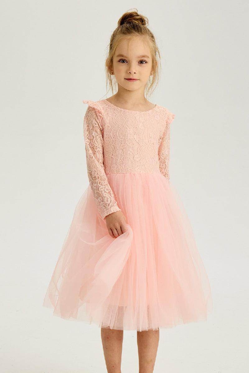 A-Line Scoop Neck Long Sleeve Lace Midi Flower Girl Dresses 850587397012 - COCOMELODY