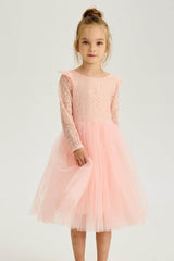 A-Line Scoop Neck Long Sleeve Lace Midi Flower Girl Dresses 850587397012 - COCOMELODY