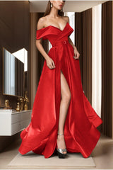 A-Line Sweep-Brush Train Satin Prom Dress CS0424 - COCOMELODY